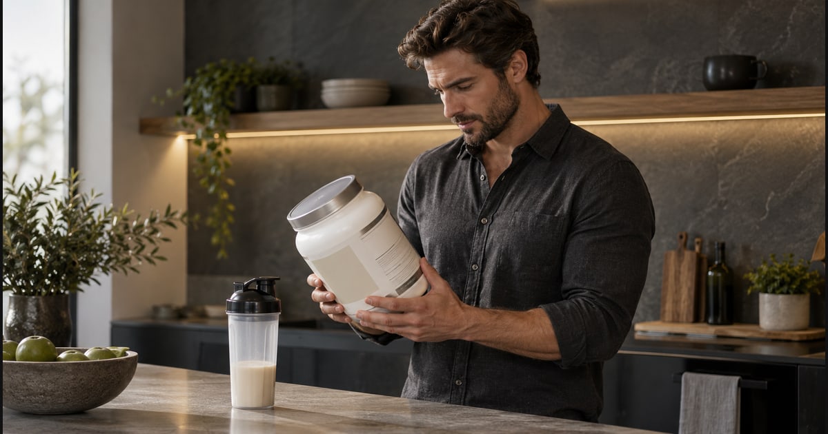 Man reading the label of a protein supplement at a counter
