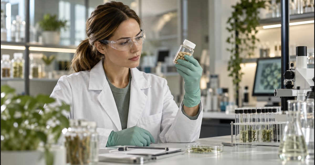 Scientist examining a supplement sample in a laboratory